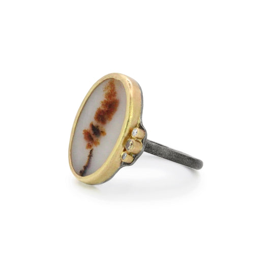 Dendritic Agate Flower and Diamonds Gold Ring