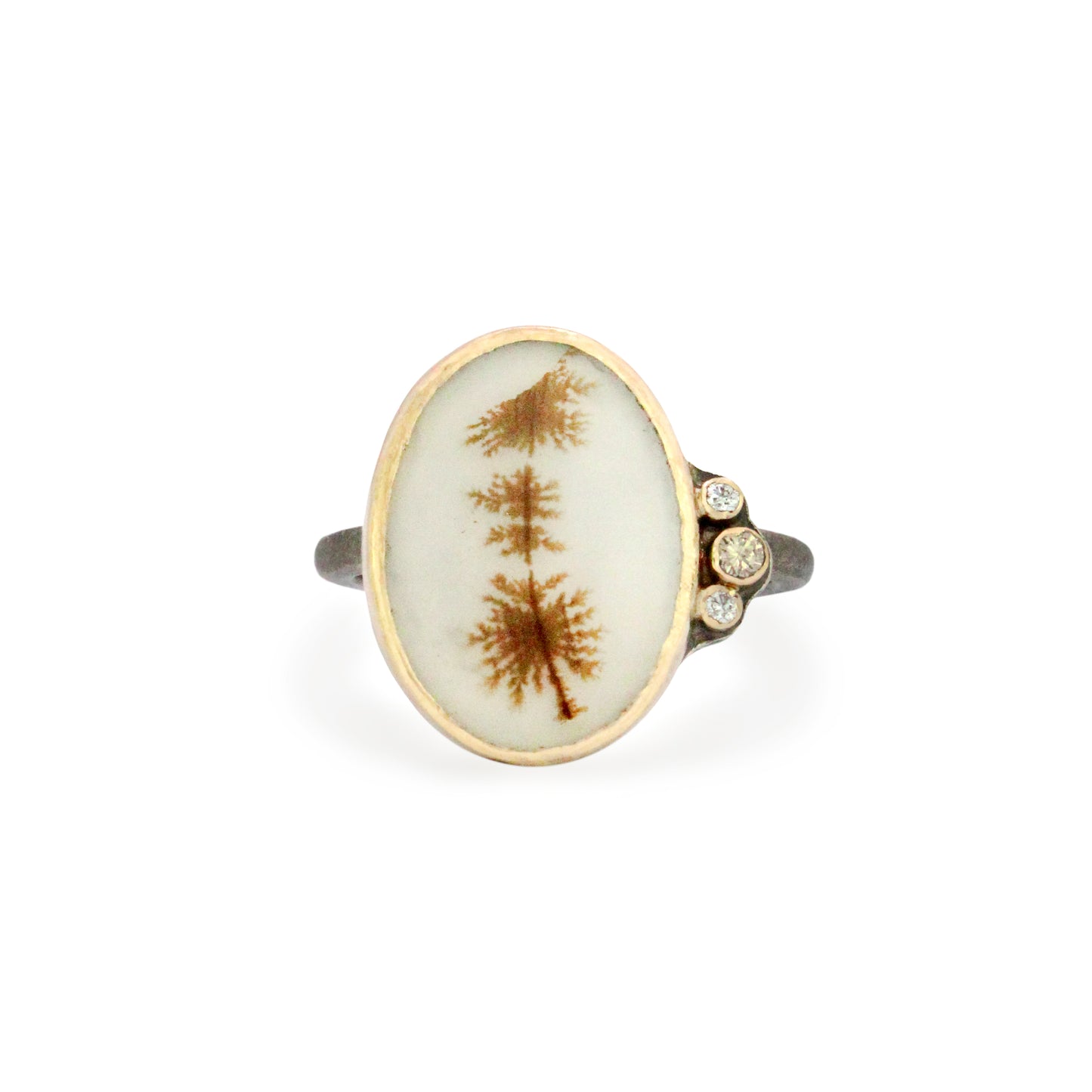 Dendritic Agate Field and Diamonds Gold Ring