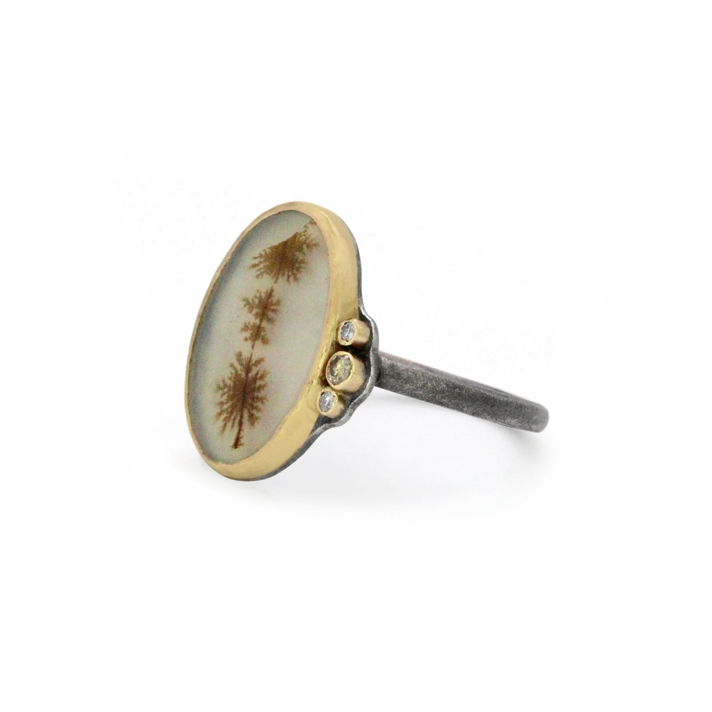 Dendritic Agate Field and Diamonds Gold Ring