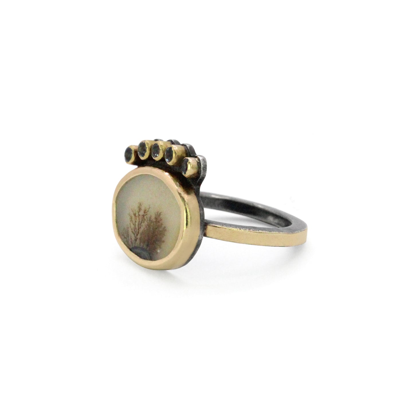 Dendritic Agate, Aquamarine, and Diamond Gold Ring