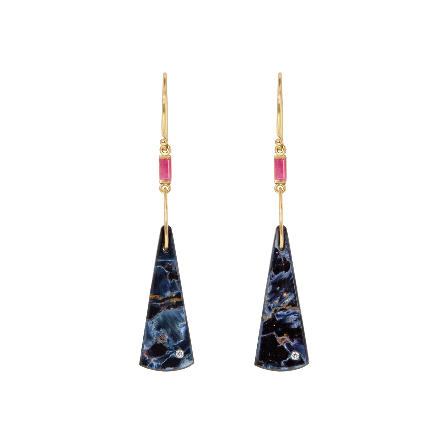 Pietersite, Ruby, and Diamond Gold Triangle Earrings