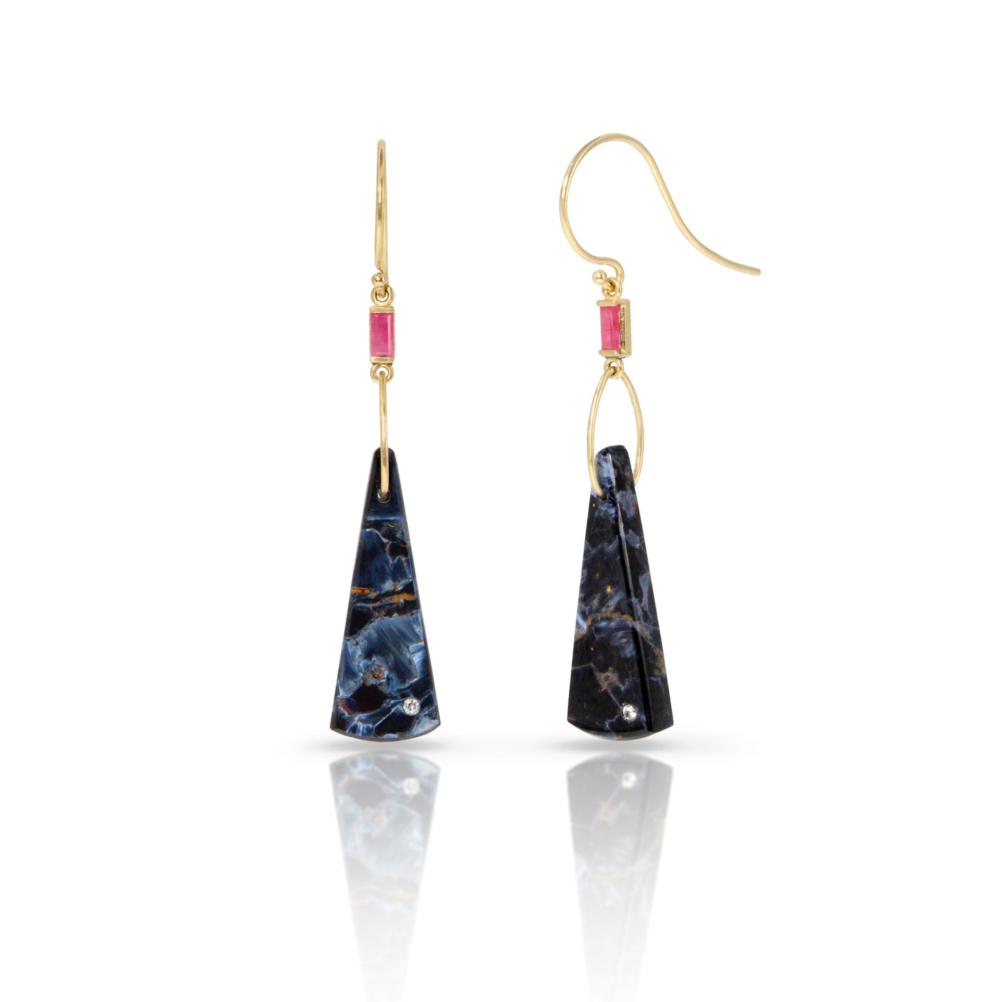 Pietersite, Ruby, and Diamond Gold Triangle Earrings