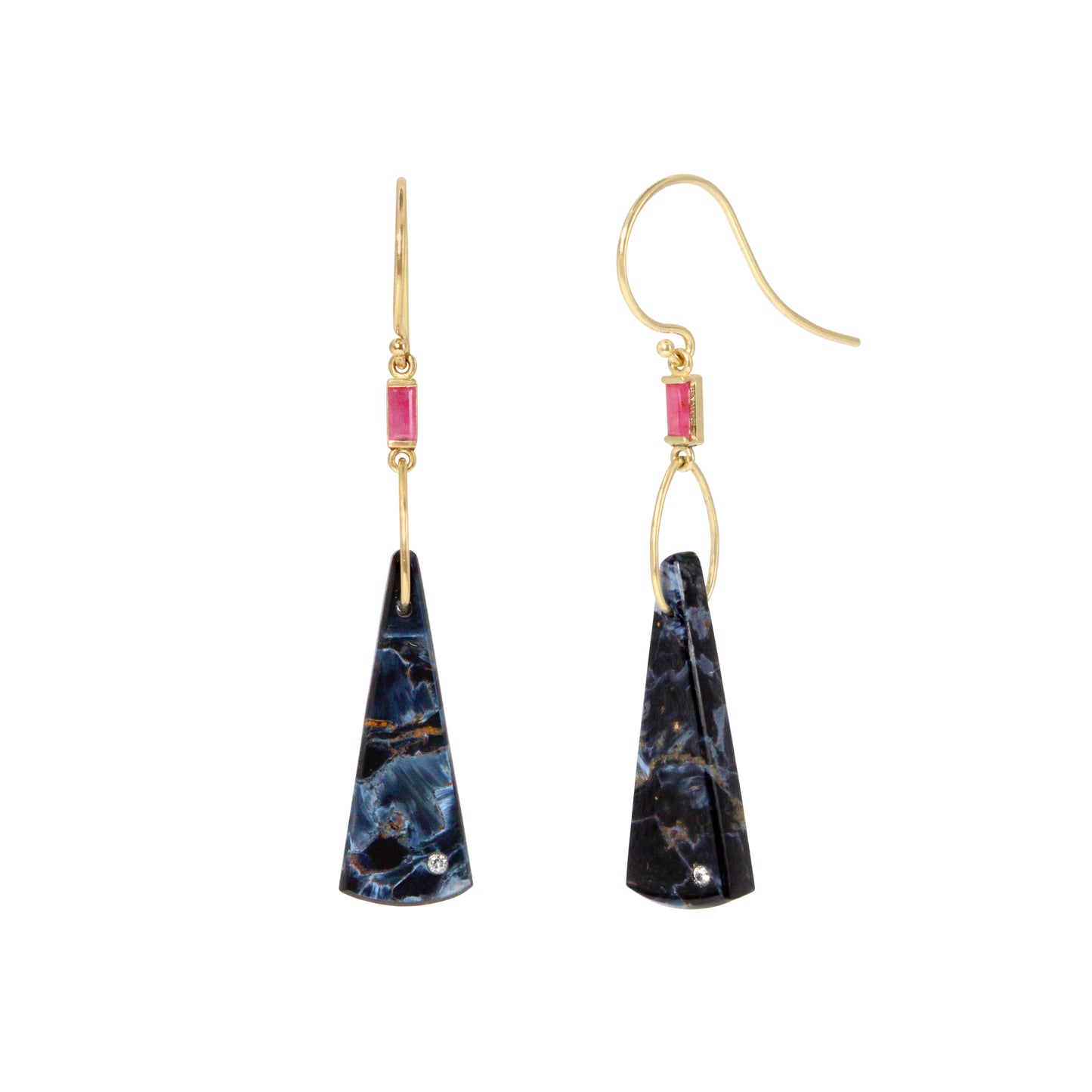 Pietersite, Ruby, and Diamond Gold Triangle Earrings