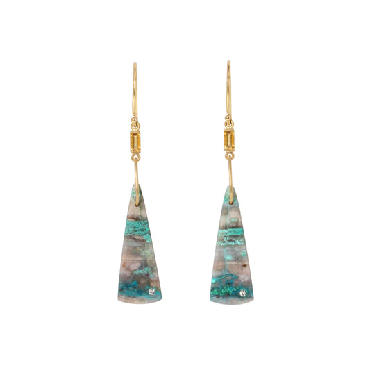 Shattuckite, Citrine and Diamond Gold Triangle Earrings