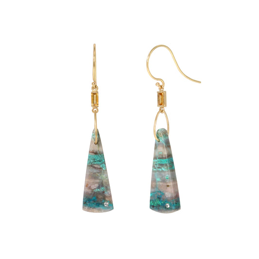 Shattuckite, Citrine and Diamond Gold Triangle Earrings