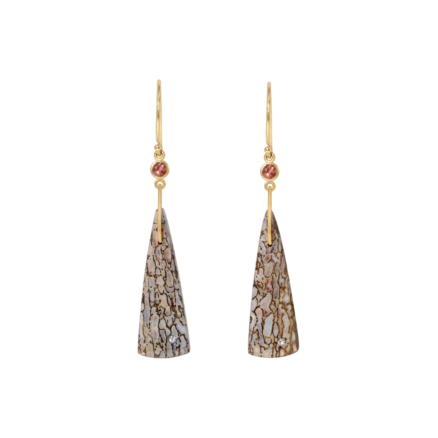 Dinosaur Bone, Sunstone and Diamond Gold Triangle Earrings