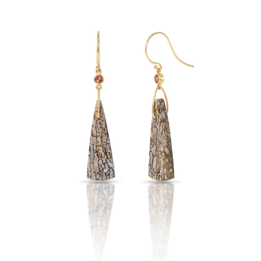 Dinosaur Bone, Sunstone and Diamond Gold Triangle Earrings