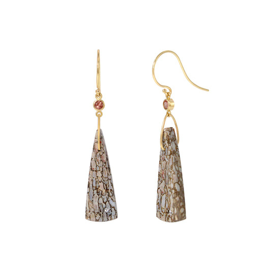 Dinosaur Bone, Sunstone and Diamond Gold Triangle Earrings