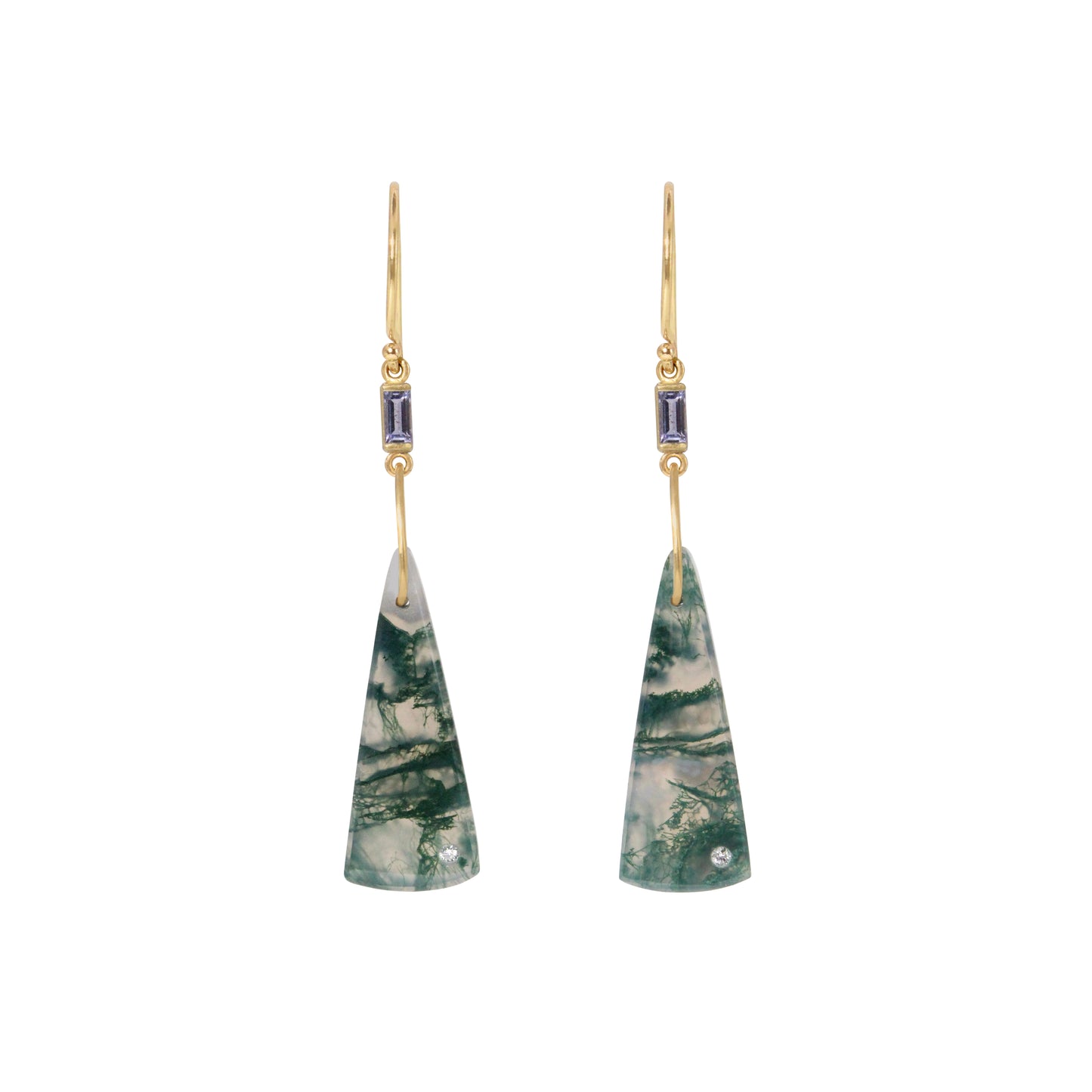 Green Moss Agate, Tanzanite, and Diamond Gold Triangle Earrings