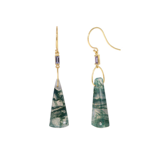 Green Moss Agate, Tanzanite, and Diamond Gold Triangle Earrings