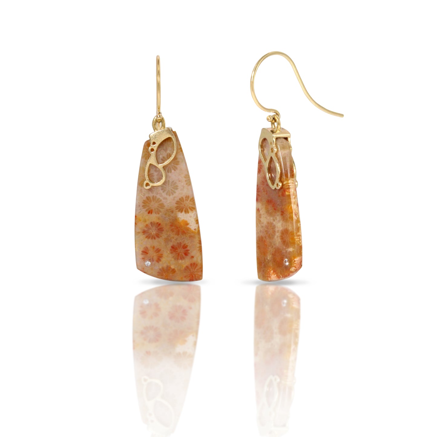 Agatized Coral, Diamond and Gold Earrings