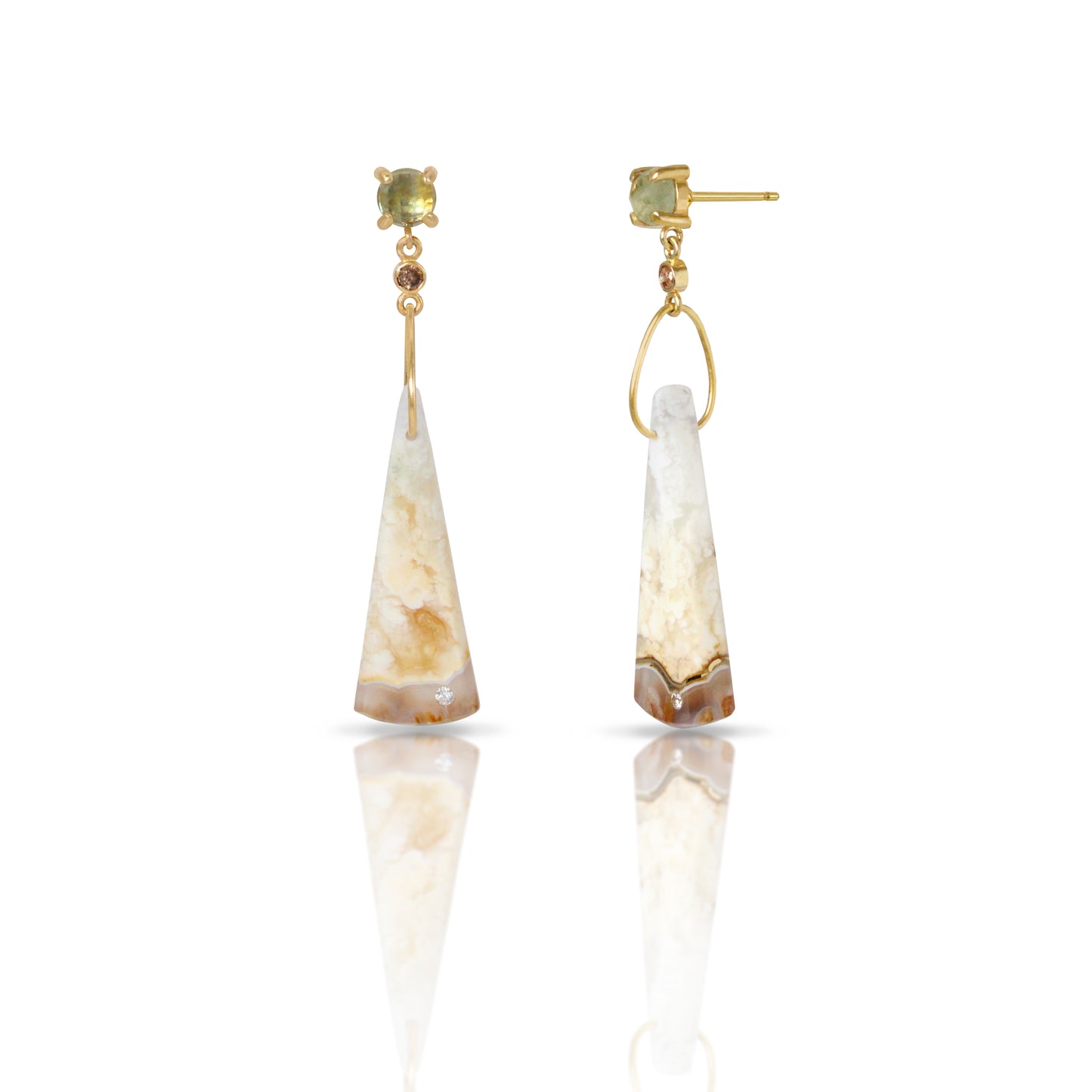 Montana Sapphires, Diamonds, and Plume Agate Gold Earrings