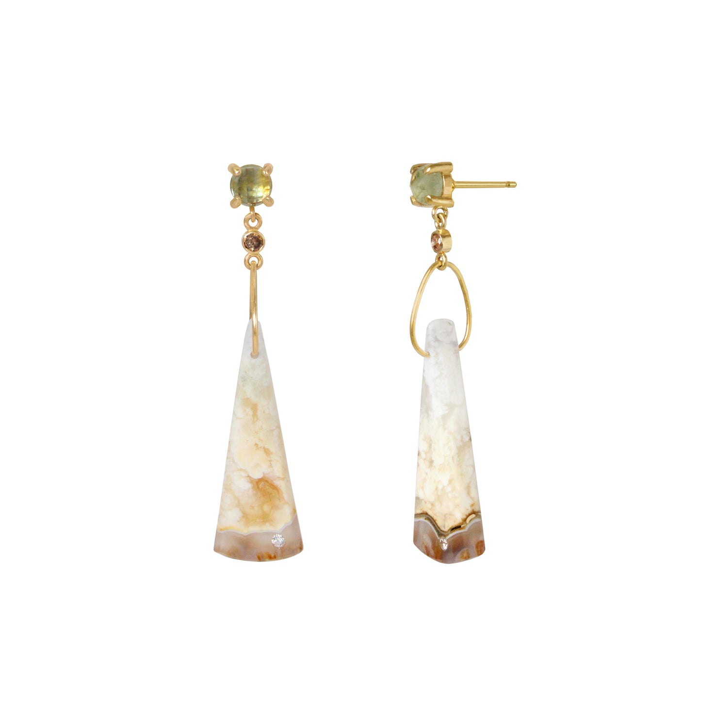 Montana sapphires, Diamonds, and Plume Agate Gold Kintsugi Earrings