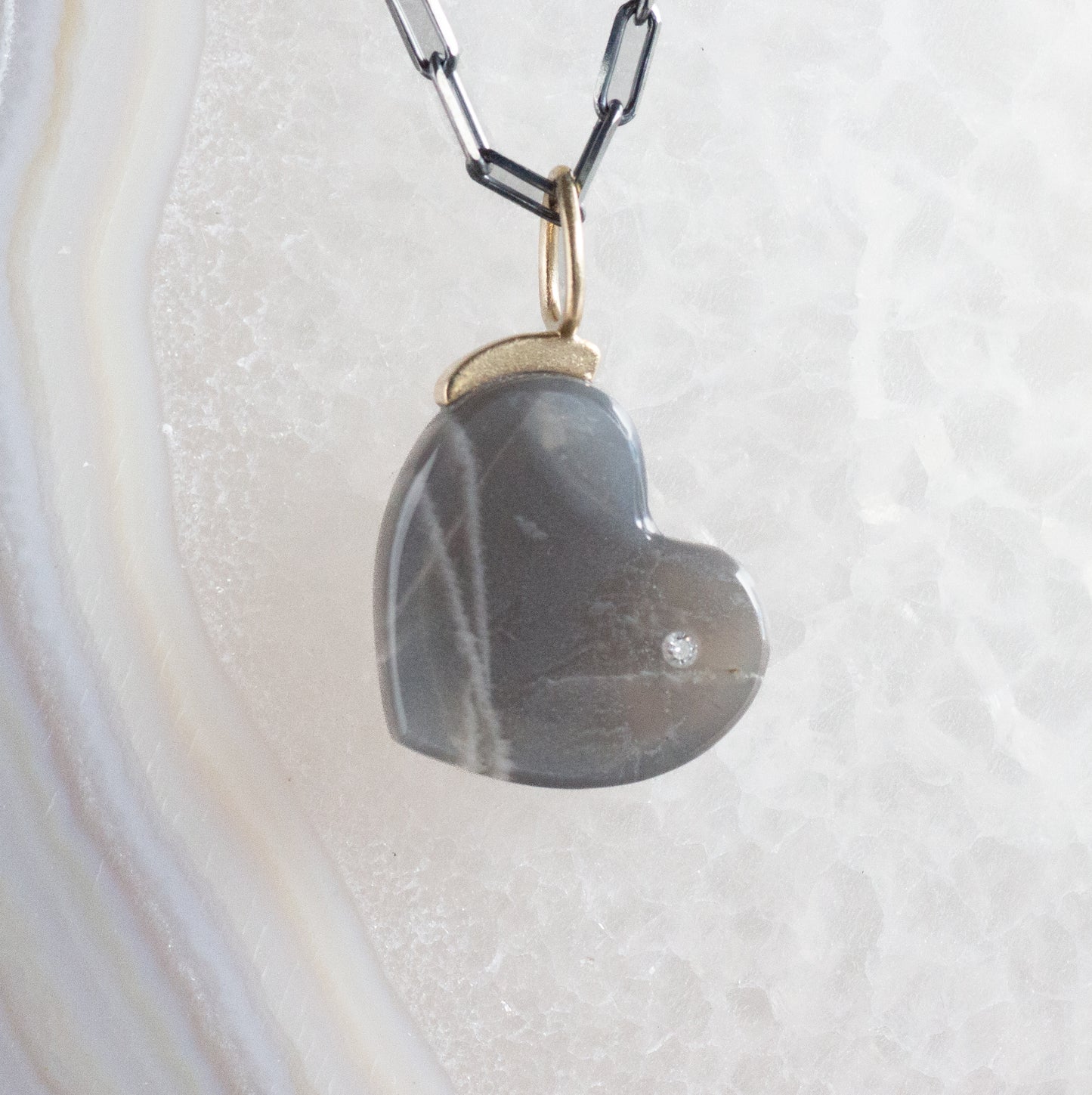 Grey Moonstone and Diamond Gold Heart Charm