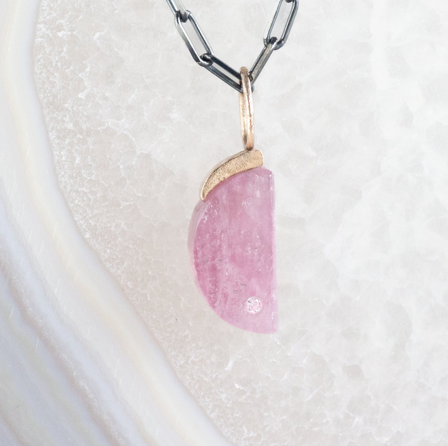 Pink Tourmaline and Diamond Gold Moon Charm