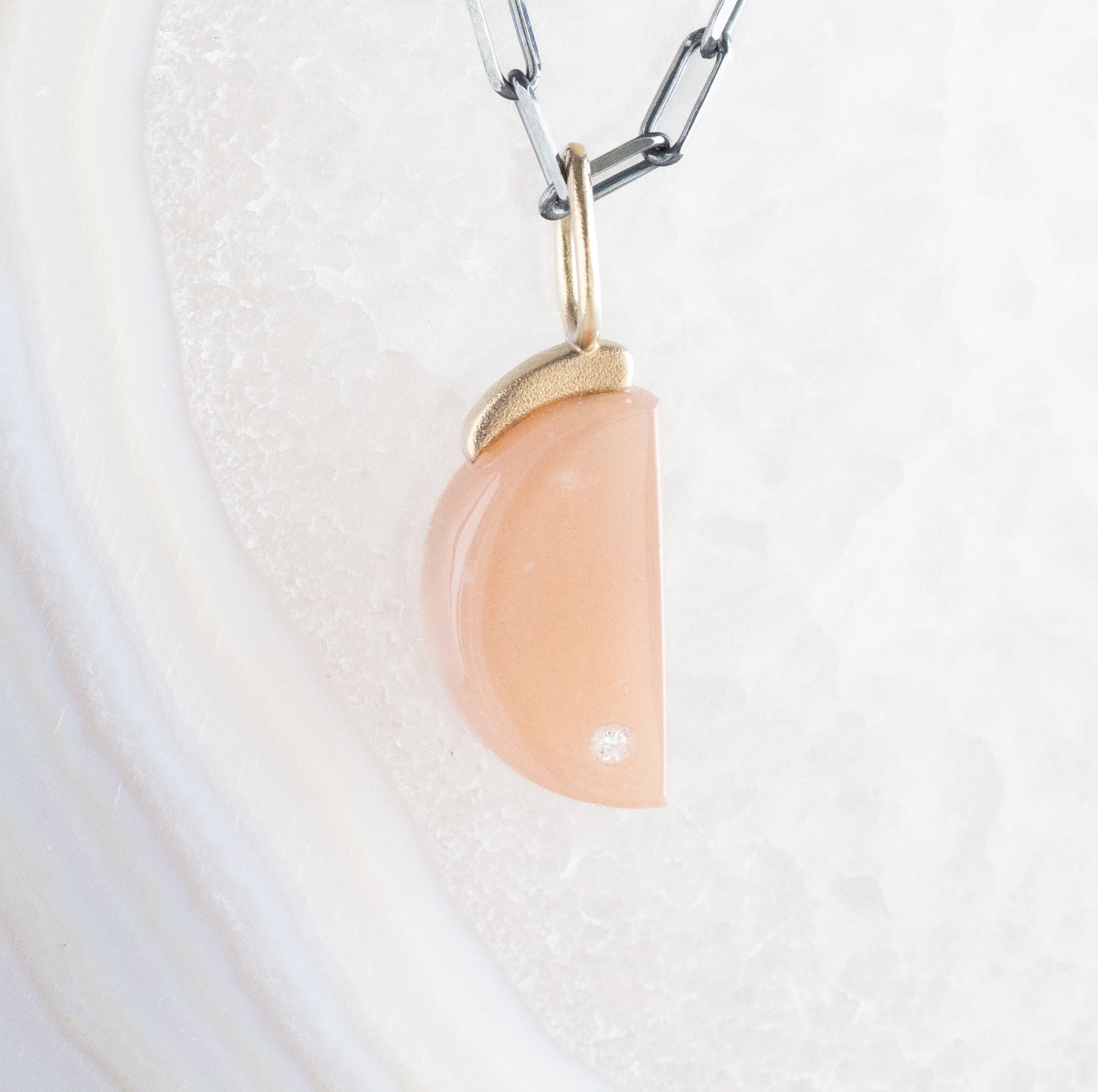 Peach Moonstone and Diamond Gold Moon Charm