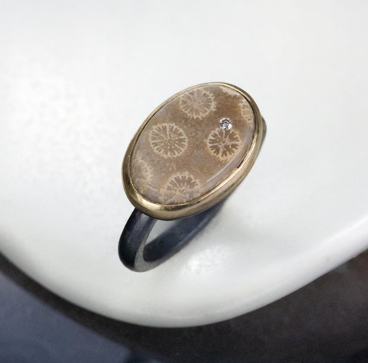 Fossilized Coral and Diamond Elliptical Orbit Gold Ring