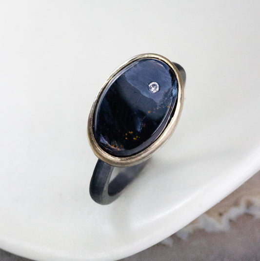 Pietersite and Diamond Elliptical Orbit Gold Ring