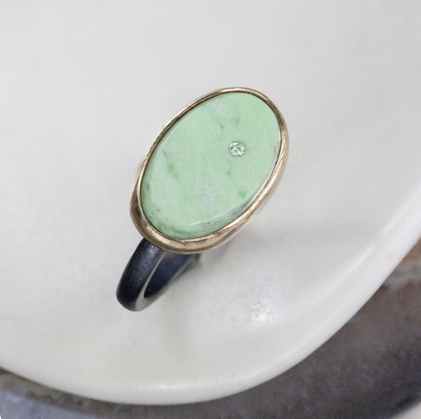 Lemon Chrysoprase and Diamond Elliptical Orbit Gold Ring