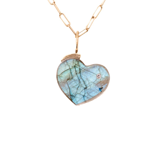 Blue Labradorite and Diamond Gold Heart Charm