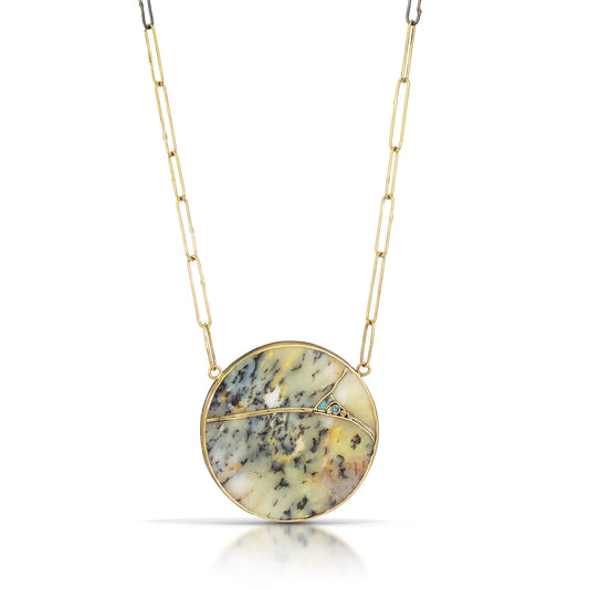 Dendritic Agate, Montana Sapphires, and Turquoise Gold Kintsugi Necklace