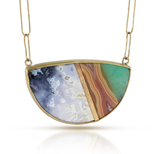 Agate and Chrysoprase Gold Inlay Necklace