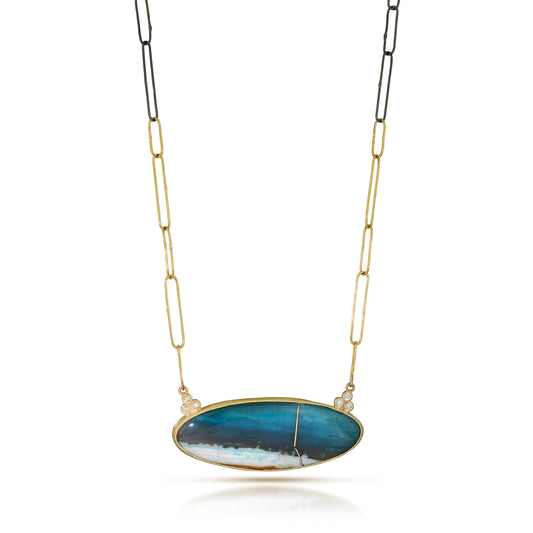 Opalized Wood and Diamonds, Gold Kintsugi Necklace