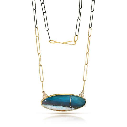 Opalized Wood and Diamonds, Gold Kintsugi Necklace