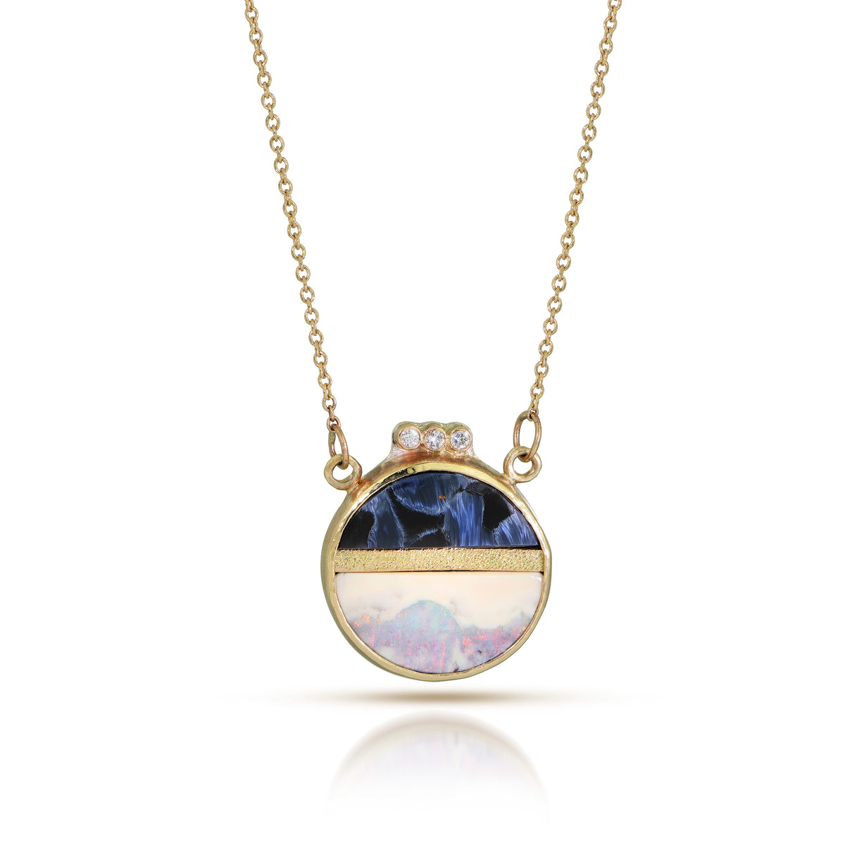 Pietersite, Opal, and Diamonds Gold Inlay Necklace