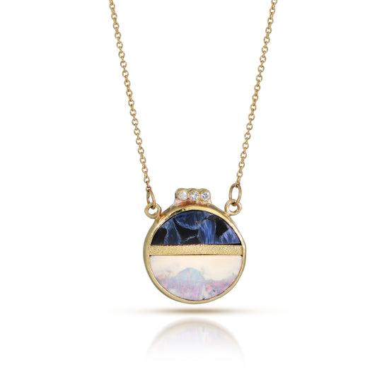 Pietersite, Opal, and Diamonds Gold Inlay Necklace