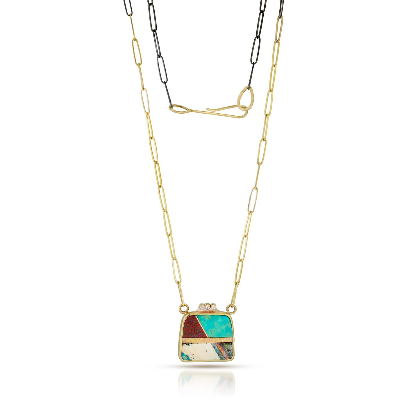 Turquoise, Opal, Red Jasper and Diamonds Gold Inlay Necklace