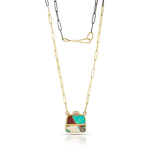 Turquoise, Opal, Red Jasper and Diamonds Gold Inlay Necklace