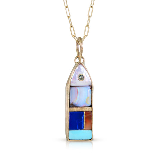 Pearl, Opal, and Montana Sapphire Gold Inlay Fish Pendant
