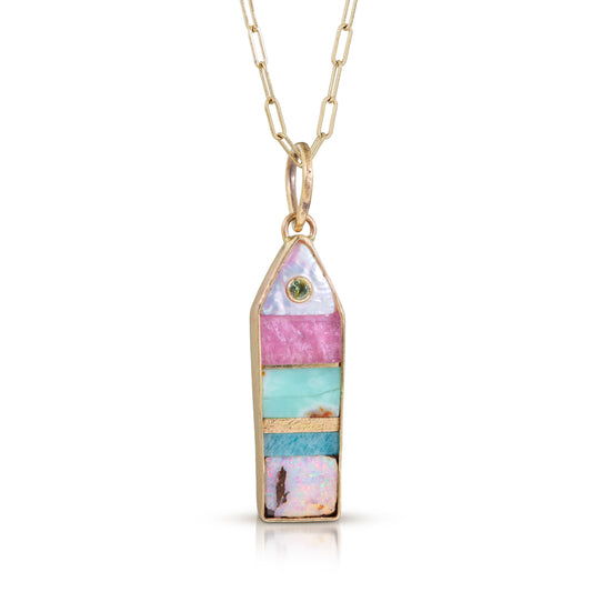 Opal, Pearl and Montana Sapphire Gold Inlay Fish Pendant