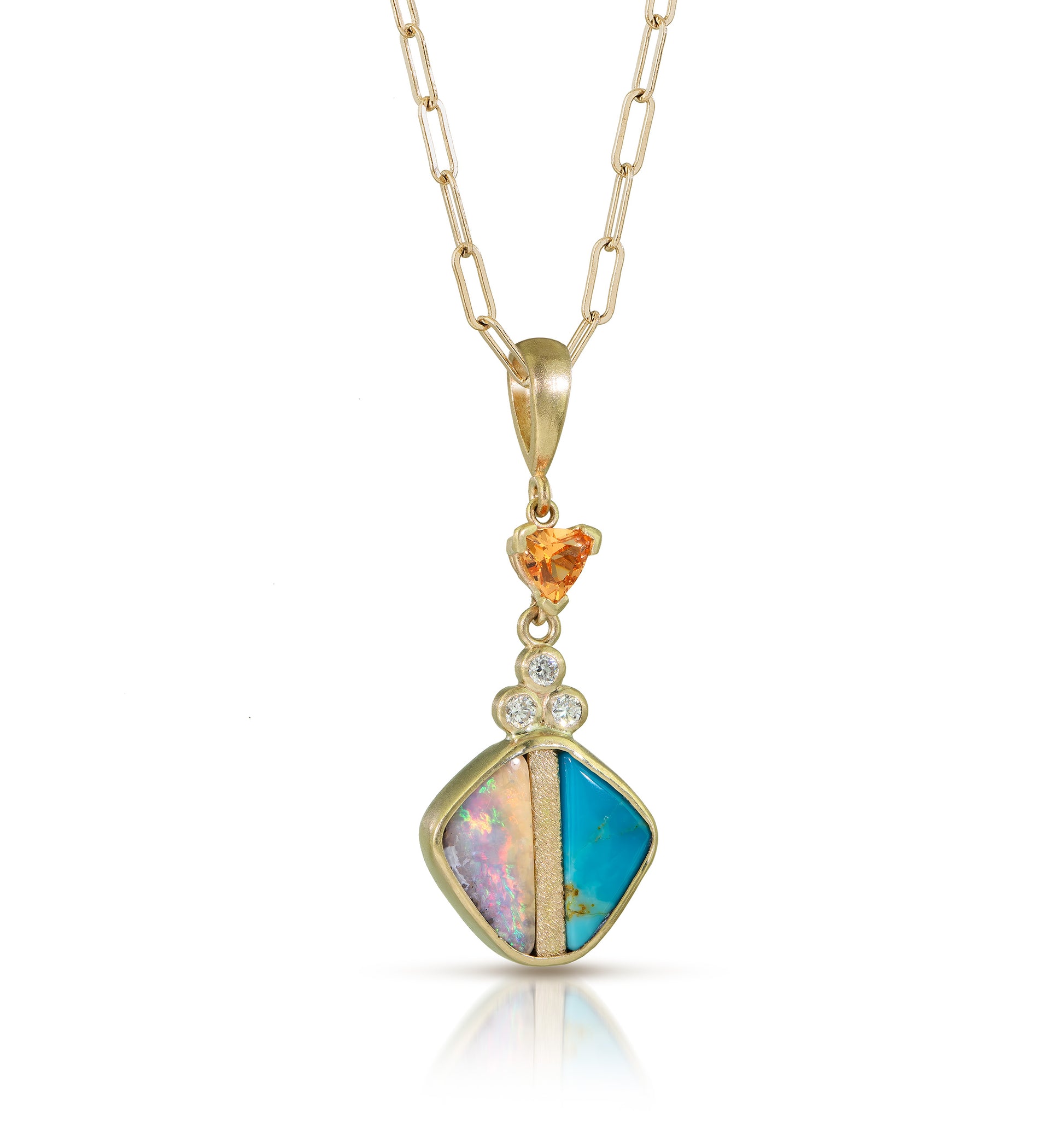 Opal, Turquoise, and Spessartite Garnet Gold Inlay Pendant