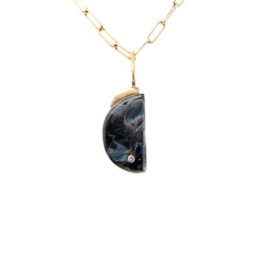 Pietersite moon charm with diamond 14k gold