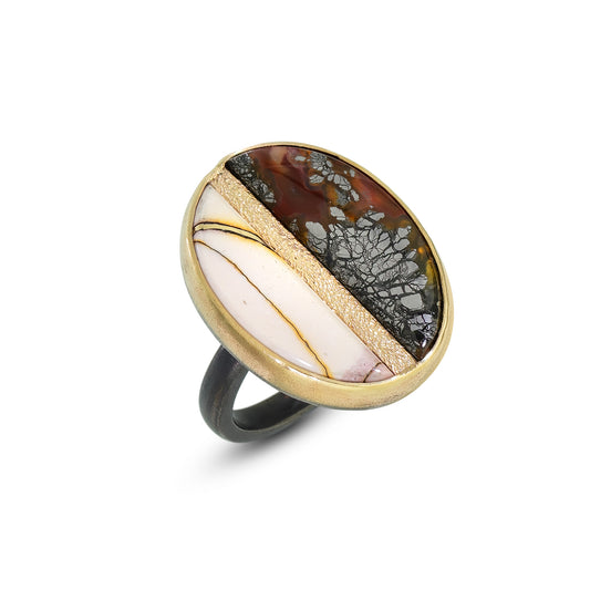 Mookatite Jasper and Marcasite Gold Kintsugi Inlay Ring