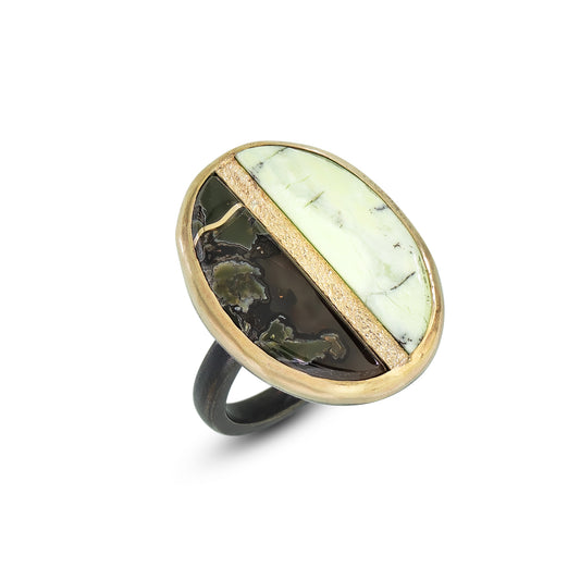 Whiskey Creek Jasper and Chrysoprase Gold Kintsugi Inlay Ring