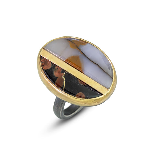 Polkadot Agate and Peanut Obsidian Gold Inlay Kintsugi Ring