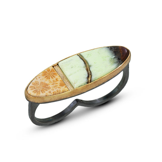 Fossilized Coral and Chrysoprase Gold Inlay Kintsugi Two-finger Ring