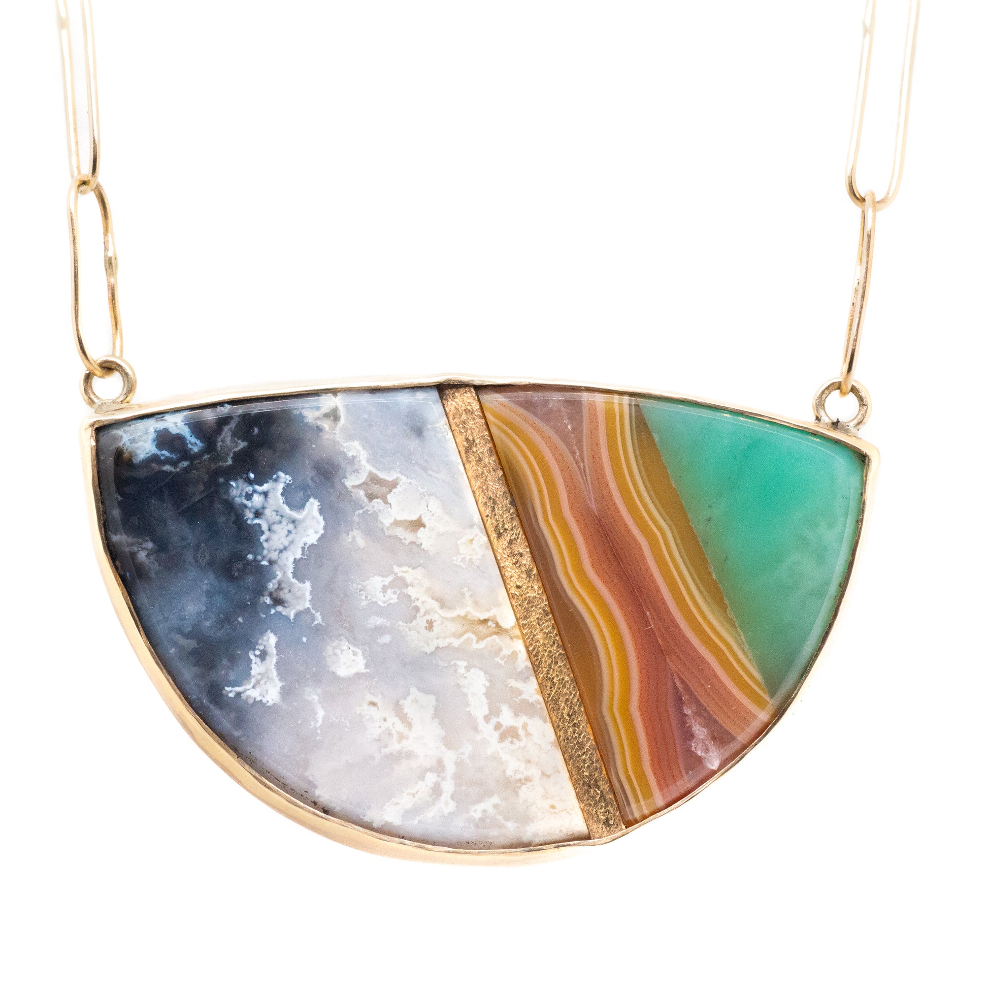Agate and Chrysoprase Gold Inlay Necklace
