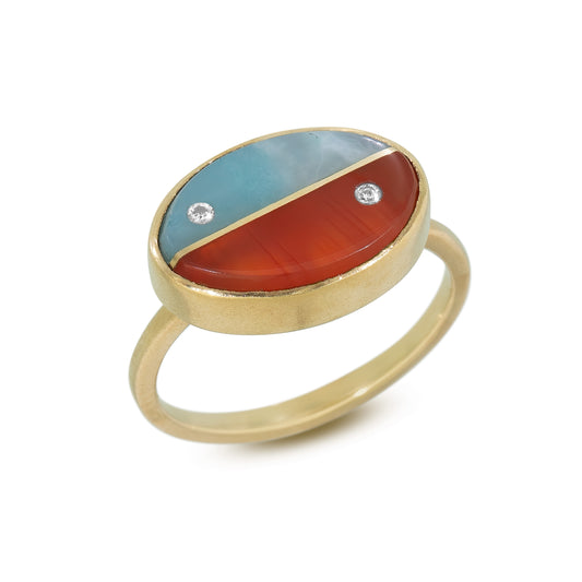 Aquamarine, Carnelian and Diamonds Equinox Intarsia Gold Ring