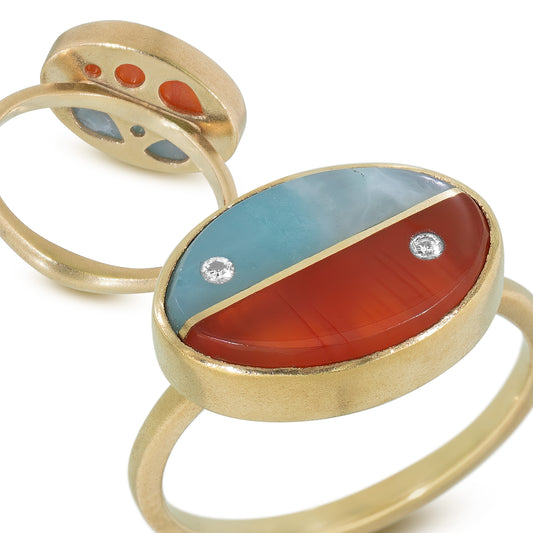 Aquamarine, Carnelian and Diamonds Equinox Intarsia Gold Ring