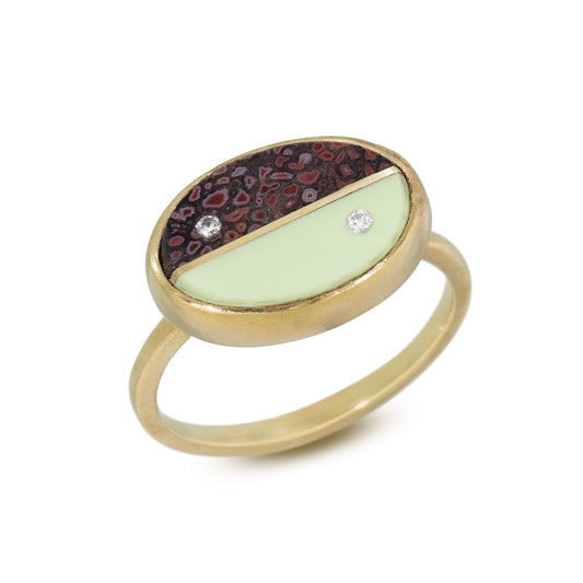 Dinosaur Bone, Chrysoprase and Diamonds Equinox Intarsia Gold Ring