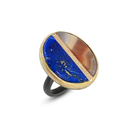 lapis and agate gold inlay ring