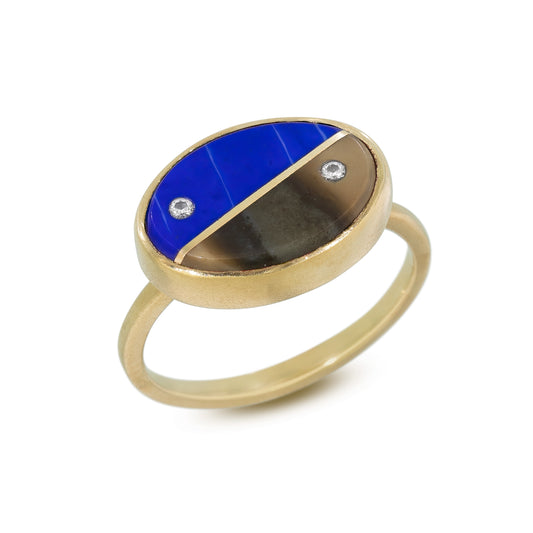Lapis, Polychrome, and Diamonds Equinox Intarsia Gold Ring