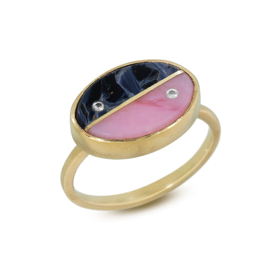 Pietersite, Pink Opal and Diamonds Equinox Intarsia Gold Ring 