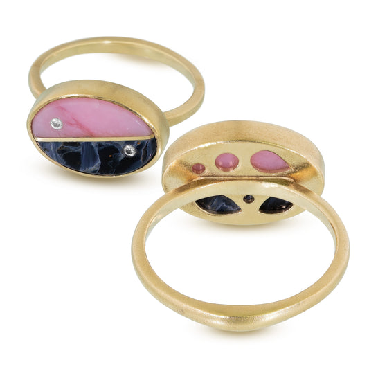 Pietersite, Pink Opal and Diamonds Equinox Intarsia Gold Ring 