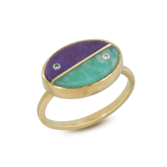 Purple Jade, Amazonite, and Diamonds Equinox Intarsia Gold Ring