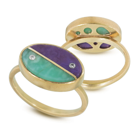 Purple Jade, Amazonite, and Diamonds Equinox Intarsia Gold Ring